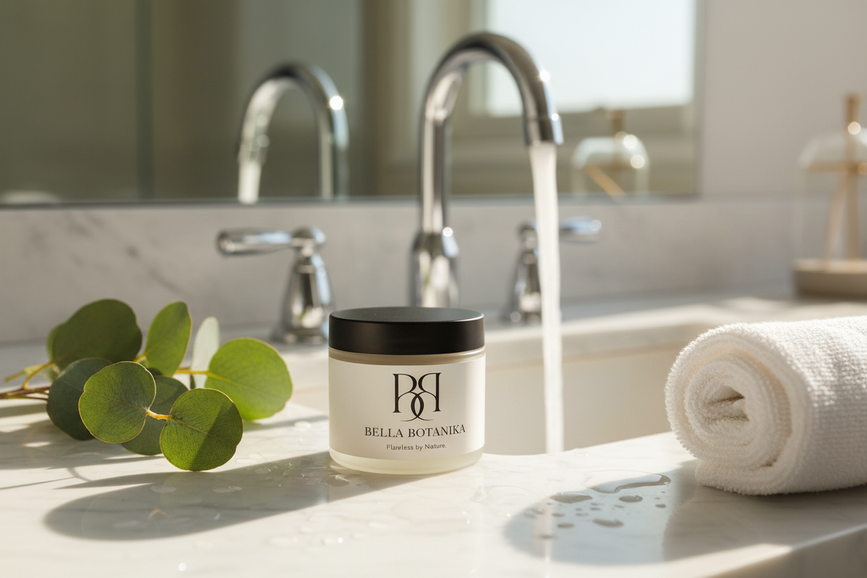 BELLA BOTANIKA Exfoliating Scrub bathroom vanity shot